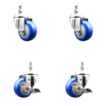 Service Caster 3.5 Inch 316SS Blue Polyurethane Swivel 10mm Stem Caster Brake SCC, 2PK SS316TS20S3514-PPUB-BLUE-M1015-2TLB2
